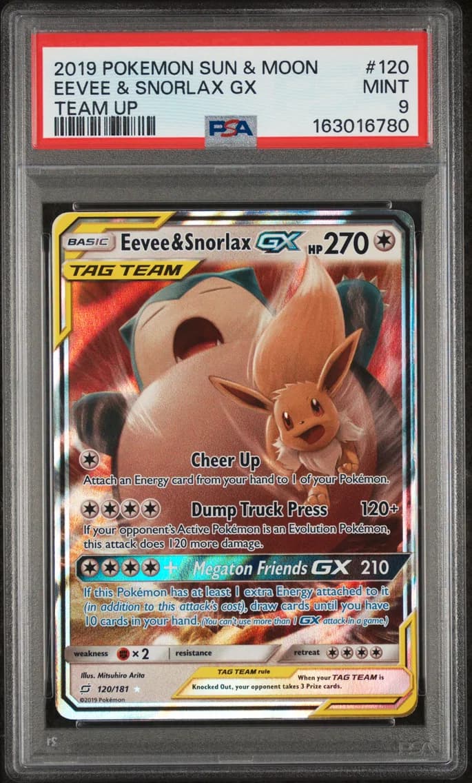 Eevee & Snorlax GX, Sun & Moon Team Up, PSA 9