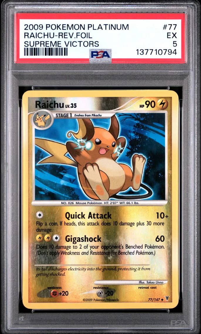 Raichu-Reverse Foil, Platinum Supreme Victors, PSA 5