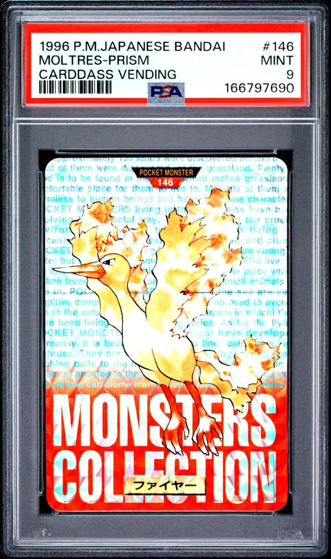 Moltres-Prism, Japanese Bandai Carddass Vending, PSA 9