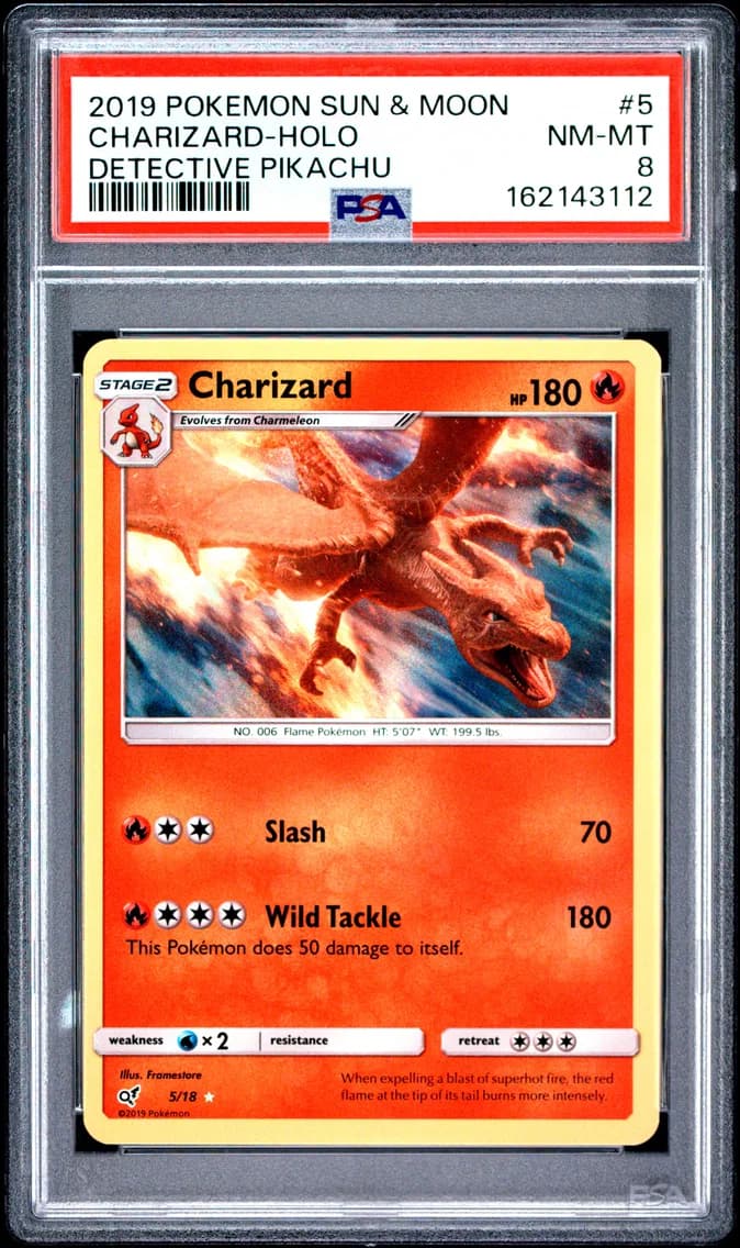 Charizard-Holo, Sun & Moon Detective Pikachu, PSA 8
