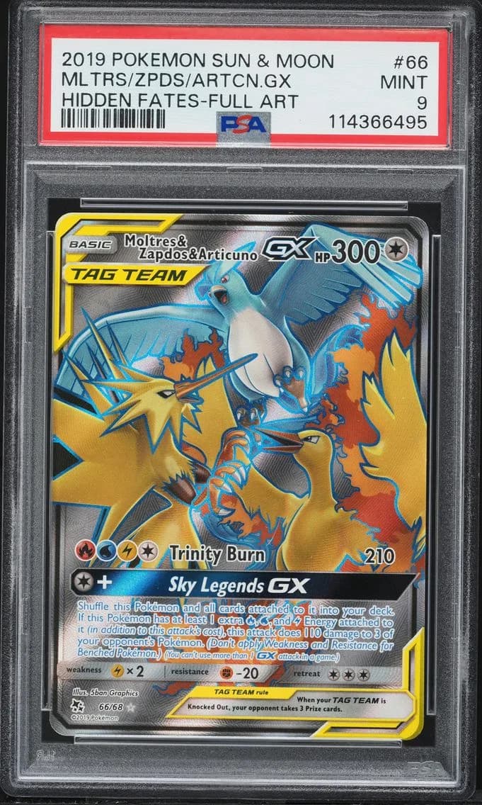 Moltres & Zapdos & Articuno GX, Sun & Moon Hidden Fates, PSA 9