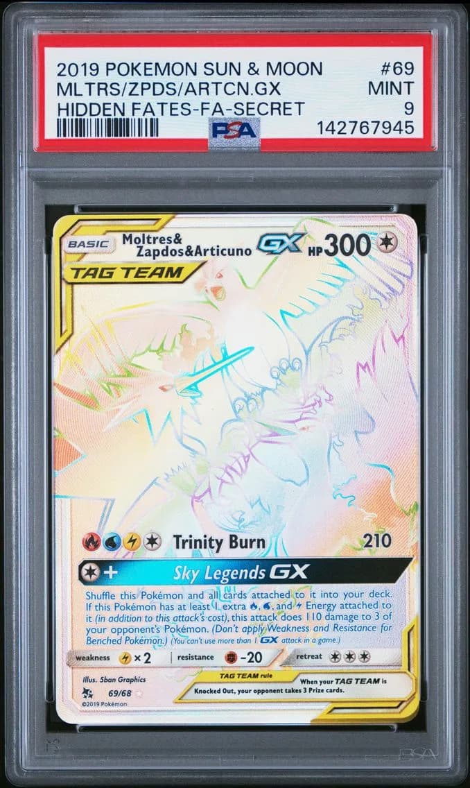 Moltres & Zapdos & Articuno GX, Sun & Moon Hidden Fates, PSA 9
