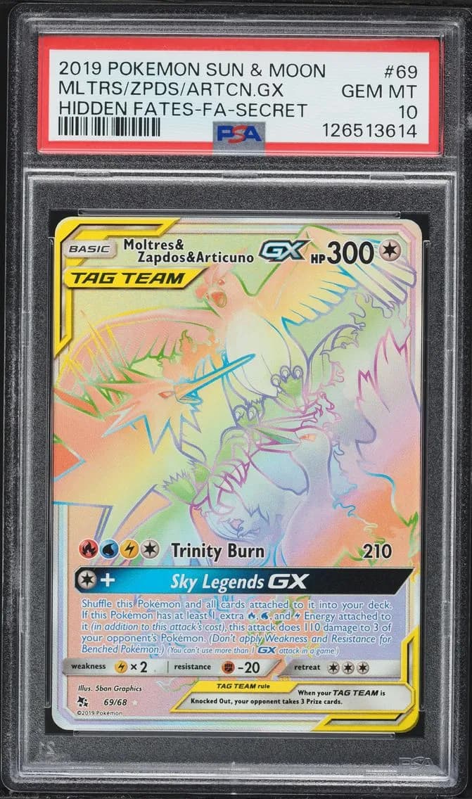 Moltres & Zapdos & Articuno GX, Sun & Moon Hidden Fates, PSA 10