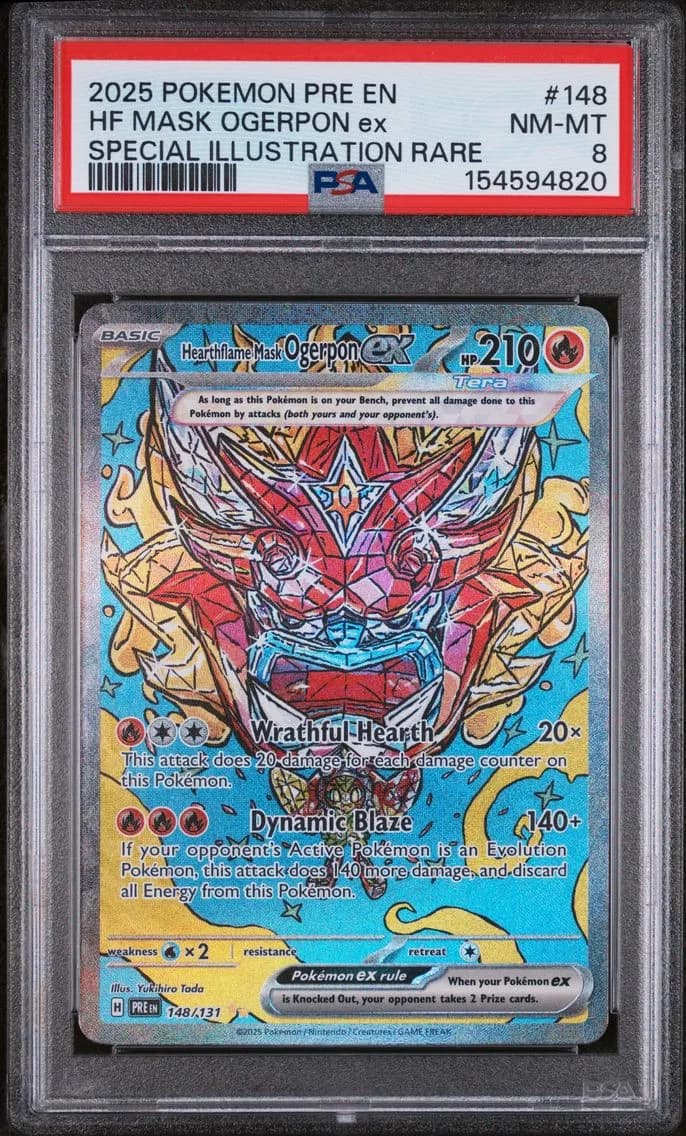 Hearthflame Mask Ogerpon EX, Prismatic Evolutions, PSA 8