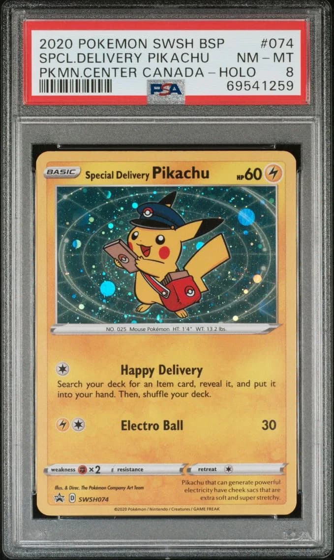 Special Delivery Pikachu-Holo, Swsh Black Star Promo, PSA 8