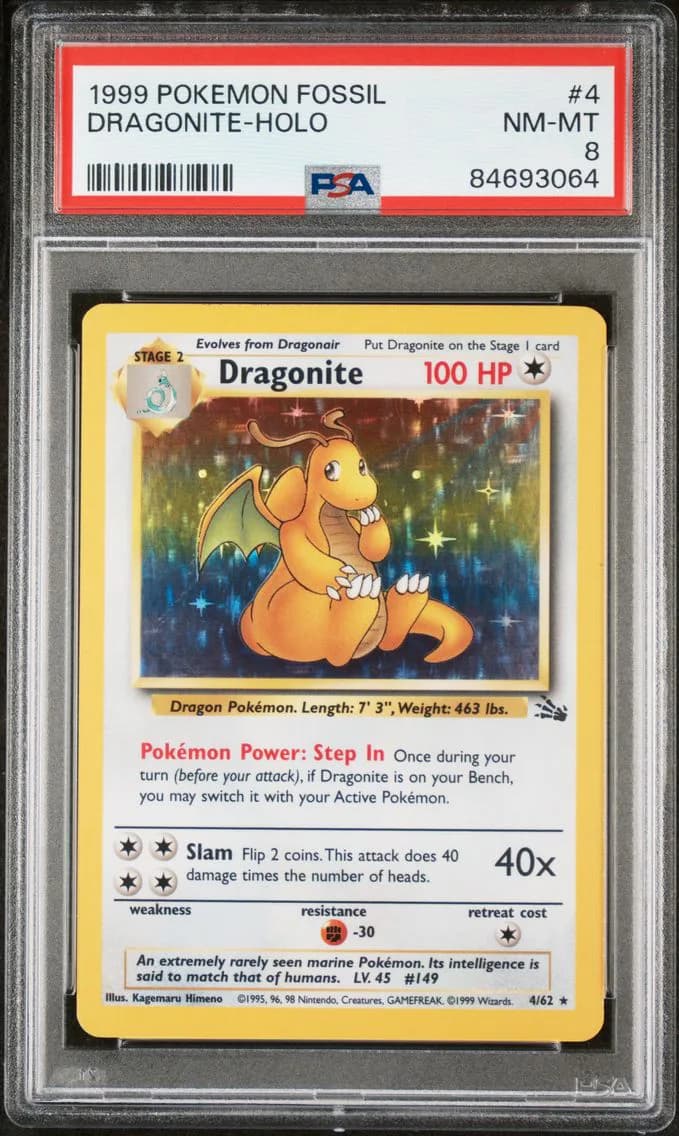 Dragonite-Holo, Fossil, PSA 8
