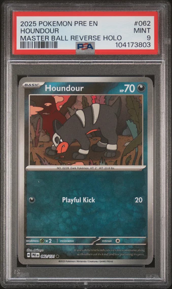 Houndour Master Ball Reverse Holo, Prismatic Evolutions, PSA 9