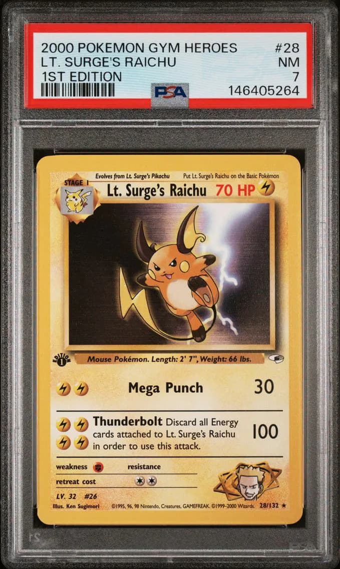 LT. Surge's Raichu 1st Edition, Gym Heroes, PSA 7