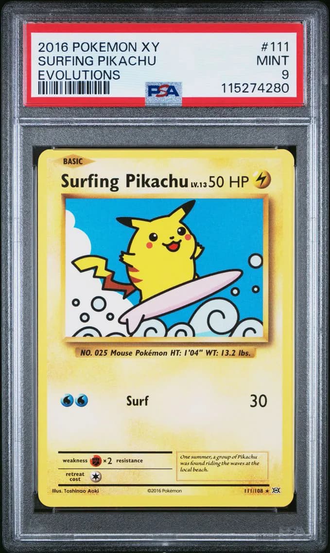 Surfing Pikachu, XY Evolutions, PSA 9