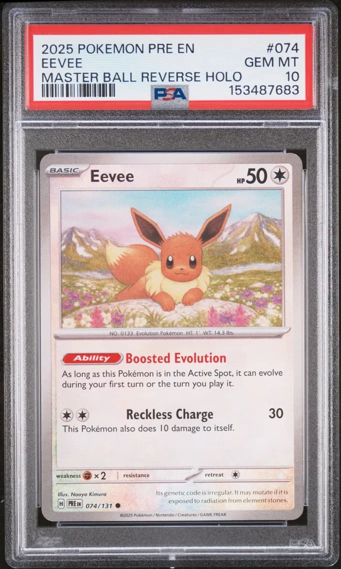 Eevee Master Ball Reverse Holo, Prismatic Evolutions, PSA 10