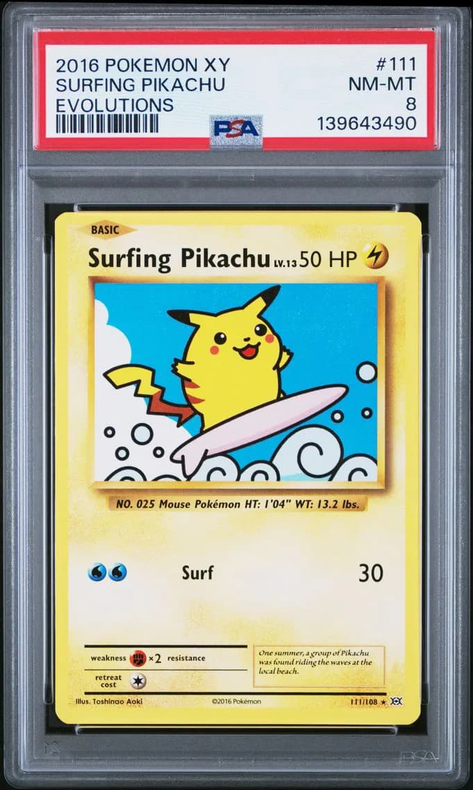 Surfing Pikachu Base, XY Evolutions, PSA 8