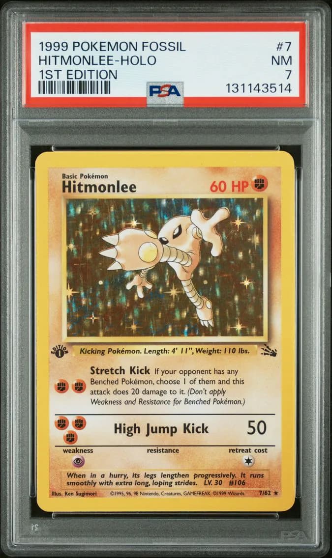 Hitmonlee-Holo 1st Edition, Fossil, PSA 7