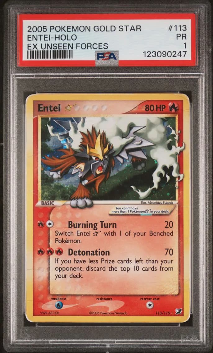 Entei-Holo Gold Star, EX Unseen Forces, PSA 1