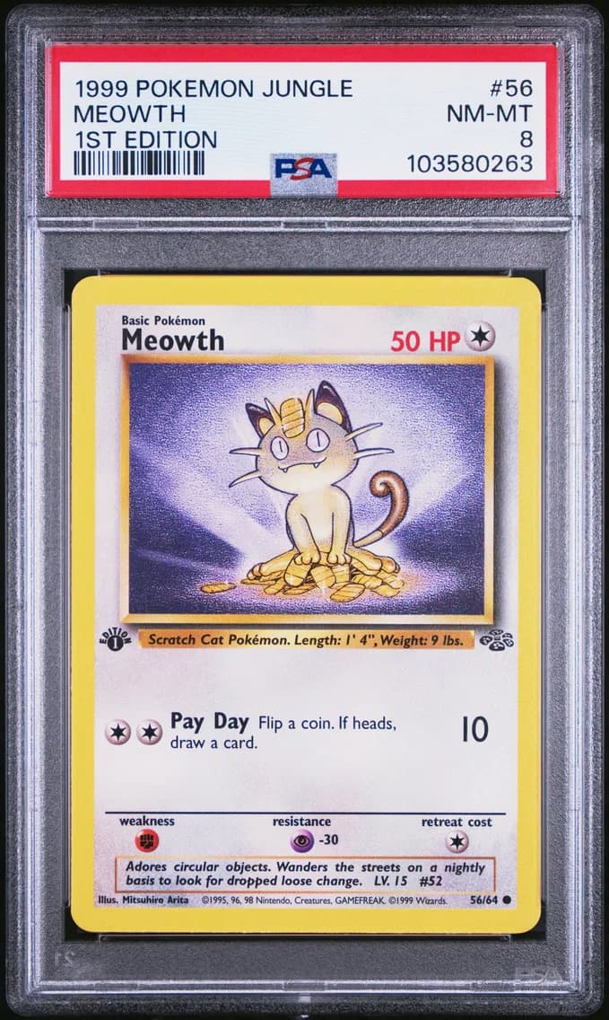 Meowth 1st Edition, Jungle, PSA 8