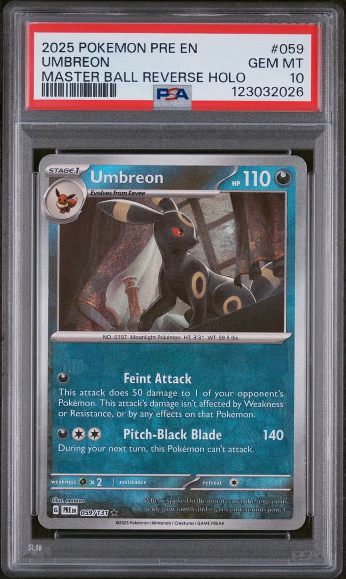 Umbreon Master Ball Reverse Holo, Prismatic Evolutions, PSA 10