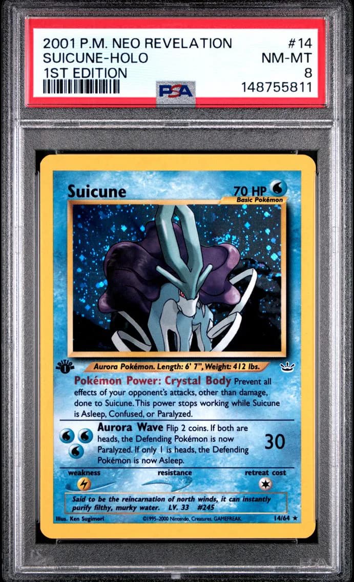 Suicune-Holo 1st Edition, Neo Revelation, PSA 8