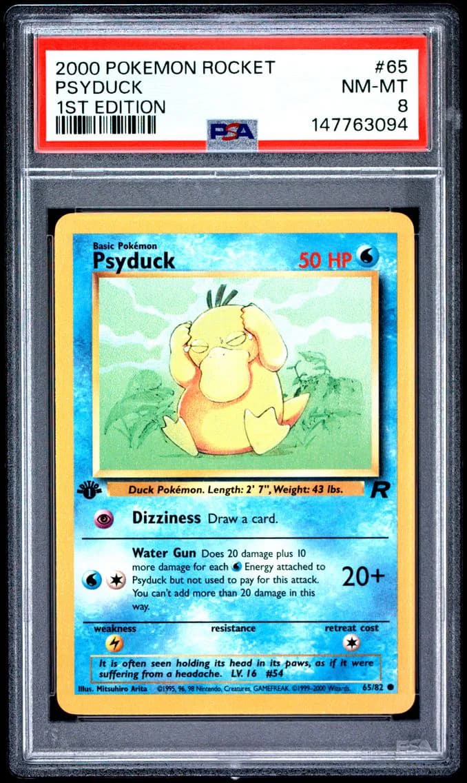 Psyduck 1st Edition, Rocket, PSA 8