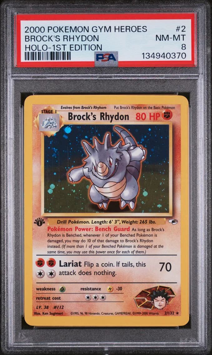Brock's Rhydon Holo-1st Edition, Gym Heroes, PSA 8