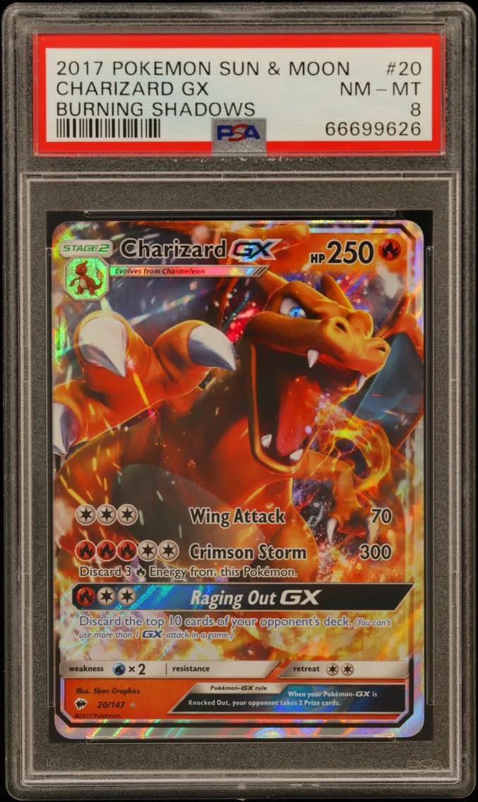 Charizard GX, Sun & Moon Burning Shadows, PSA 8