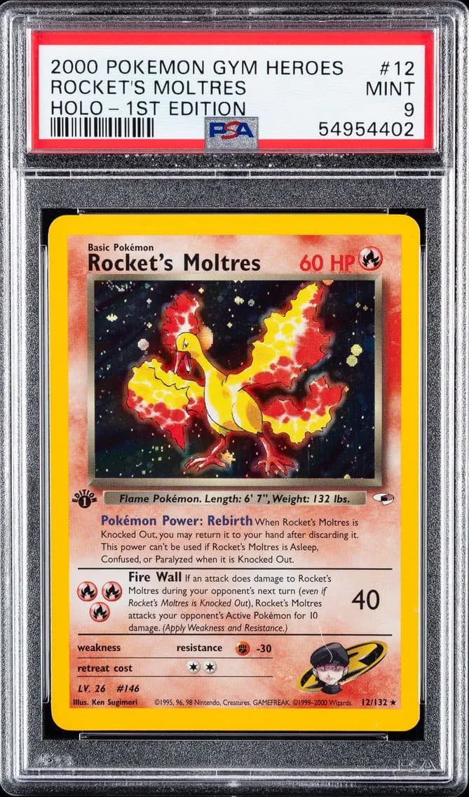 Rocket's Moltres Holo-1st Edition, Gym Heroes, PSA 9