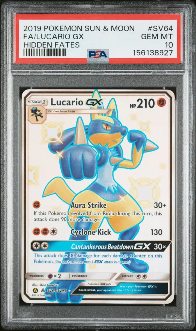 Lucario GX, Sun & Moon Hidden Fates, PSA 10