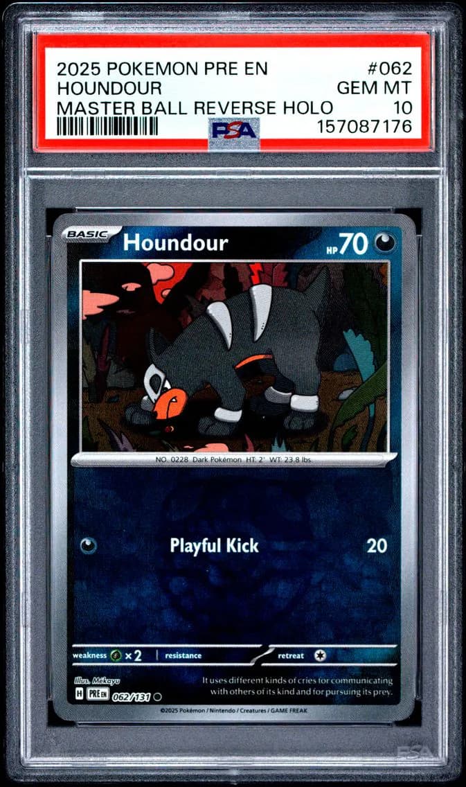 Houndour Master Ball Reverse Holo, Prismatic Evolutions, PSA 10