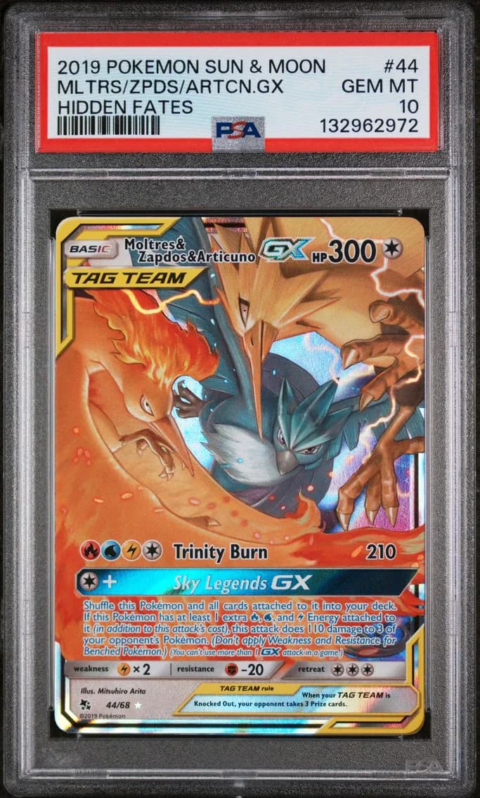 Moltres & Zapdos & Articuno GX, Sun & Moon Hidden Fates, PSA 10