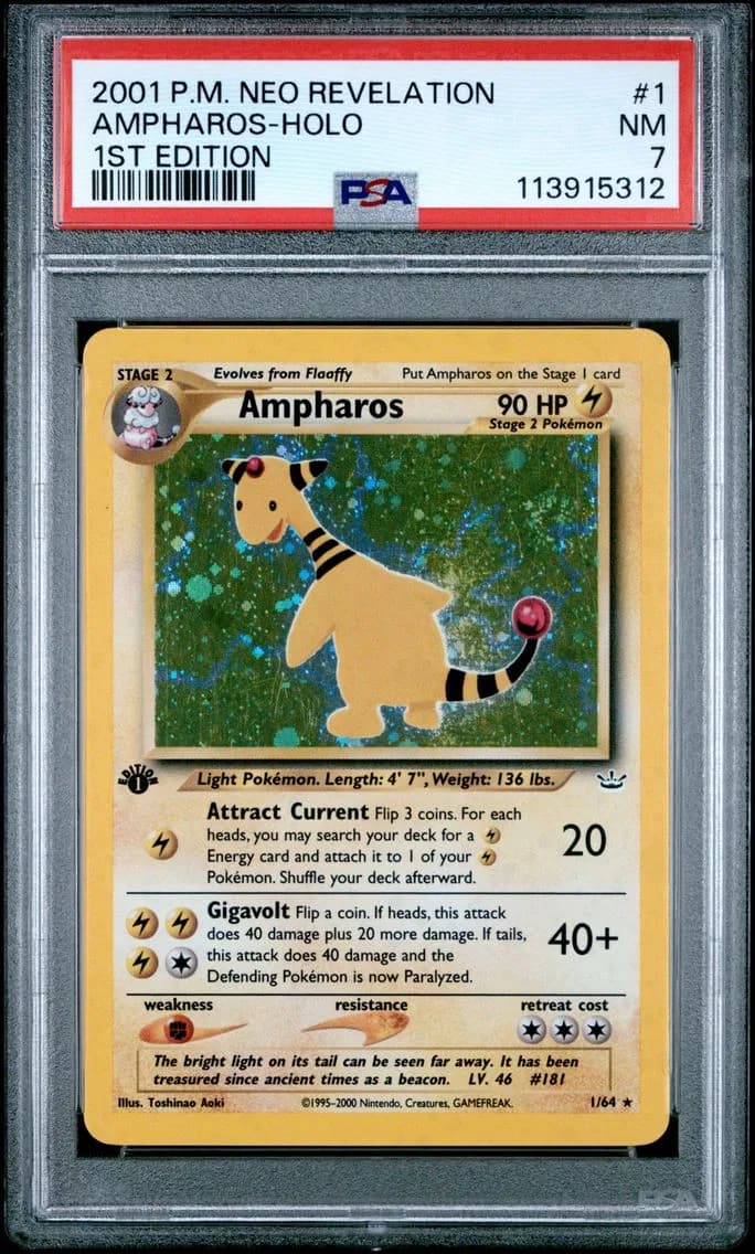 Ampharos-Holo 1st Edition, Neo Revelation, PSA 7