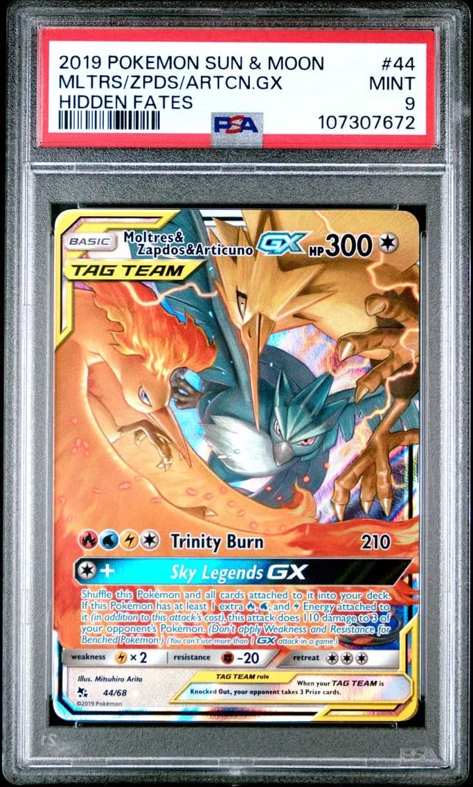 Moltres & Zapdos & Articuno GX, Sun & Moon Hidden Fates, PSA 9