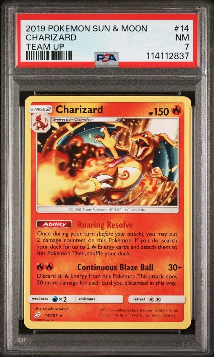 Charizard, Sun & Moon Team Up, PSA 7
