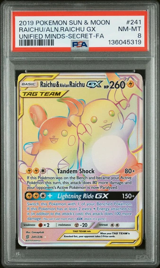 Raichu & Alolan Raichu GX, Sun & Moon Unified Minds, PSA 8