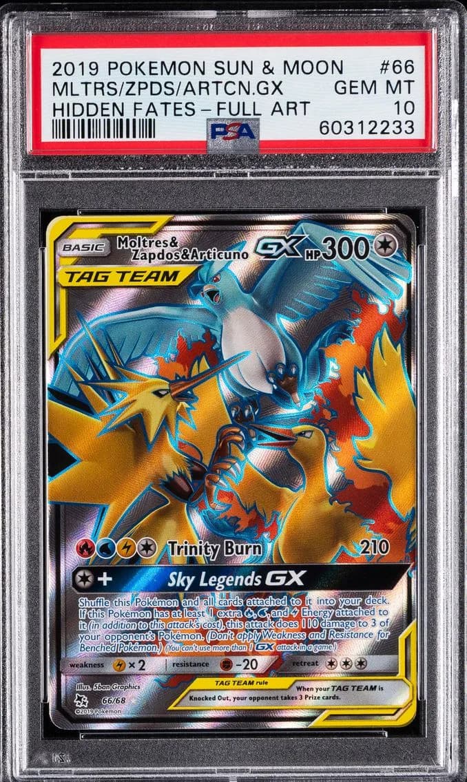 Moltres & Zapdos & Articuno GX, Sun & Moon Hidden Fates, PSA 10