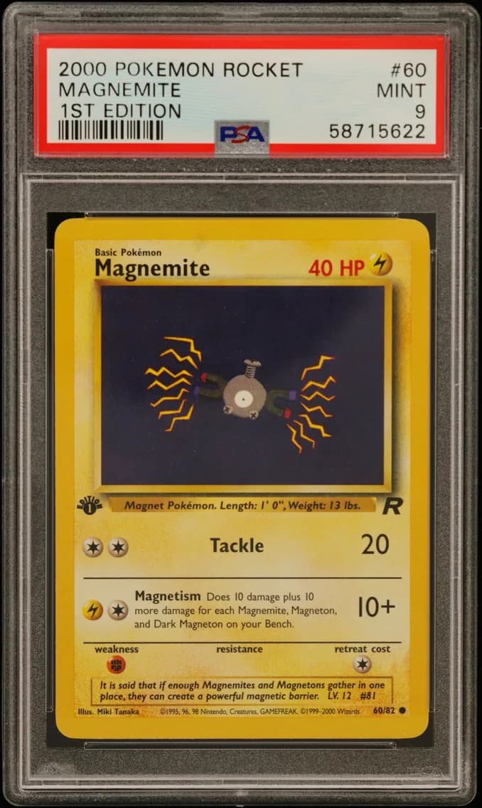Magnemite 1st Edition, Rocket, PSA 9