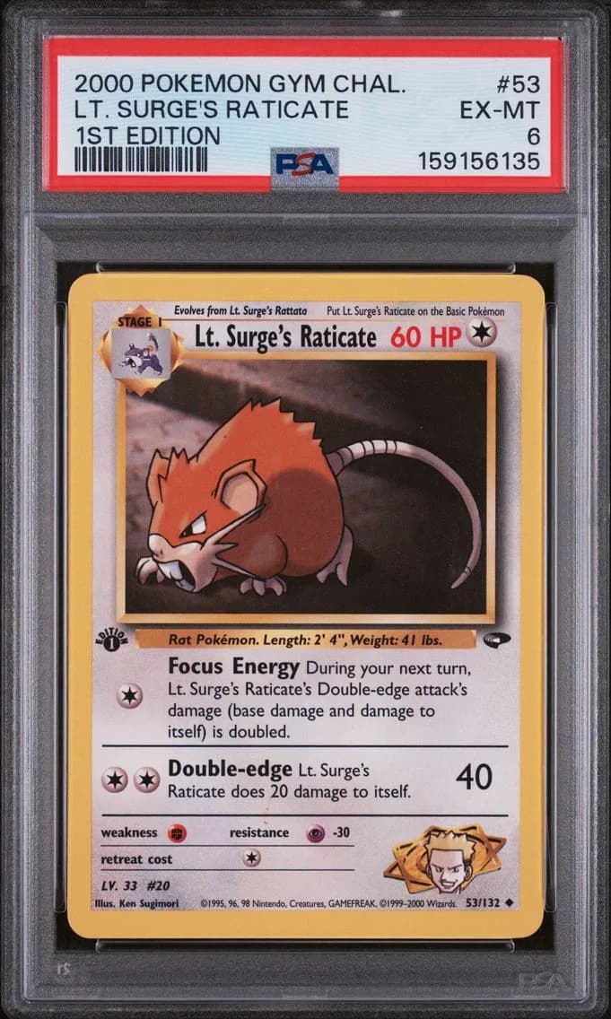 LT. Surge's Raticate 1st Edition, Gym Challenge, PSA 6