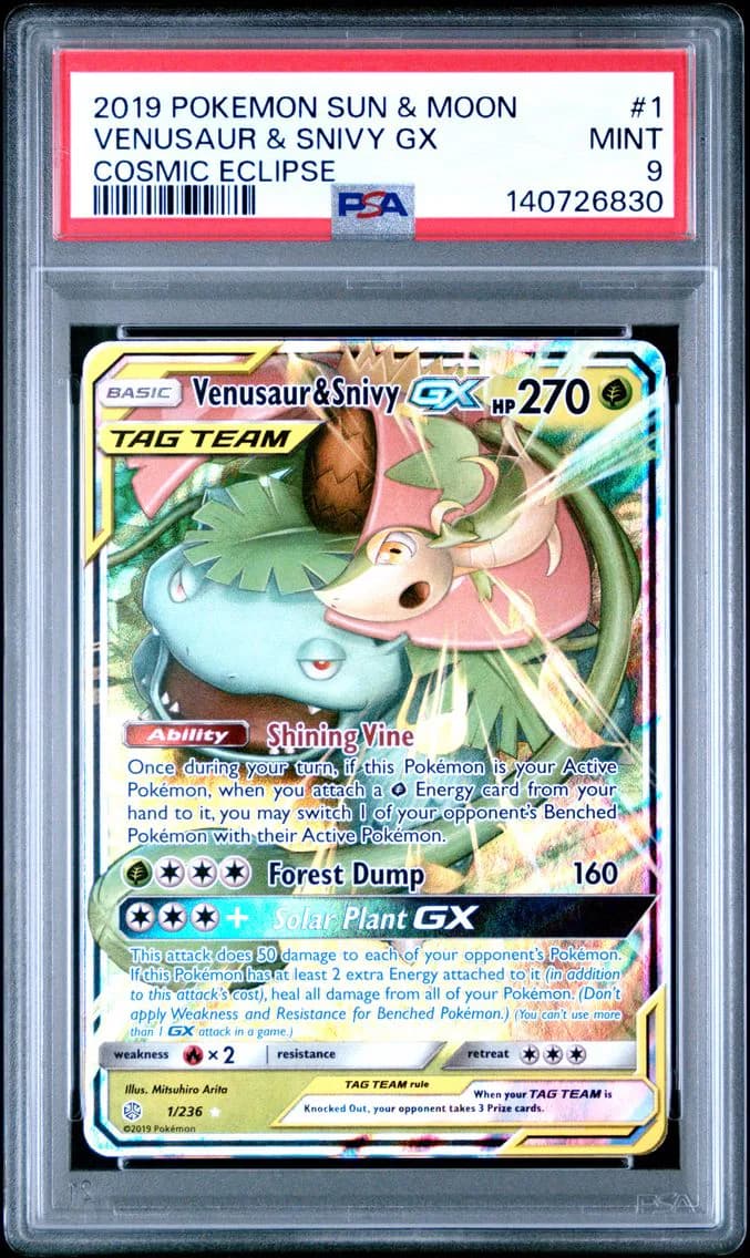 Venusaur & Snivy GX, Sun & Moon Cosmic Eclipse, PSA 9