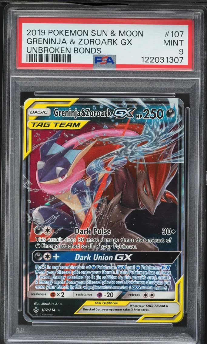 Greninja & Zoroark GX, Sun & Moon Unbroken Bonds, PSA 9