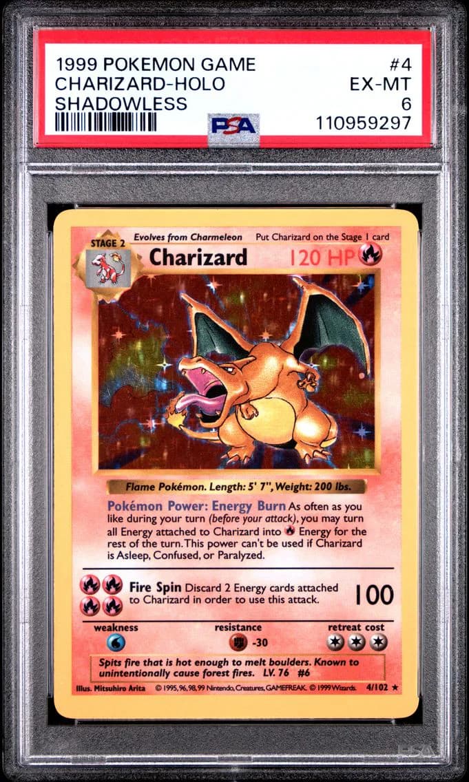 Charizard-Holo Shadowless, Game, PSA 6