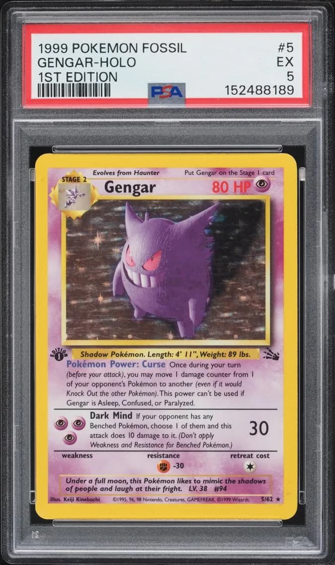 Fossil 1st Edition Holo Gengar EX, Fossil, PSA 5