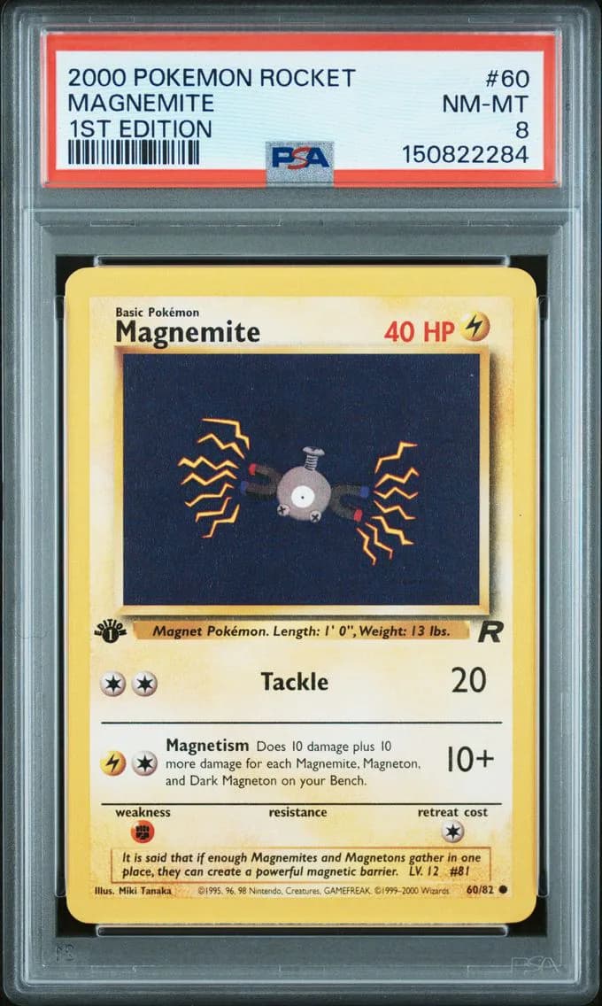 Magnemite 1st Edition, Rocket, PSA 8