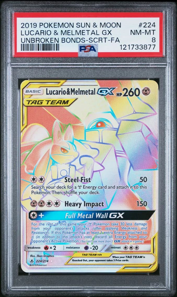 Lucario & Melmetal GX, Sun & Moon Unbroken Bonds, PSA 8