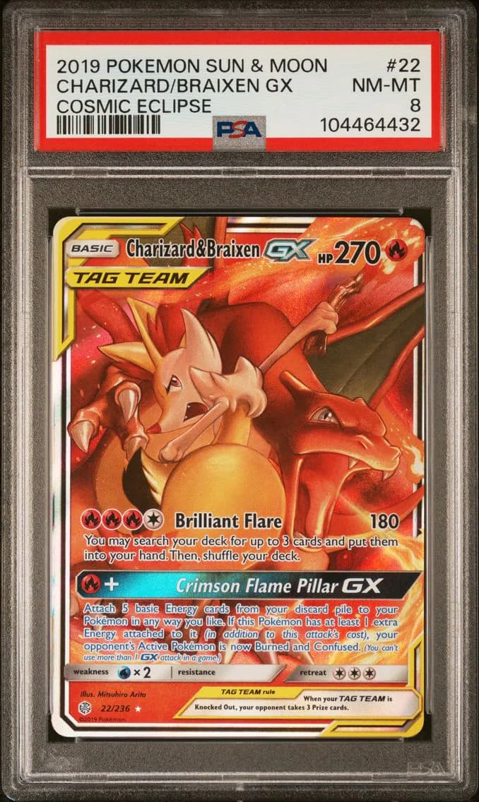 Charizard & Braixen GX, Sun & Moon Cosmic Eclipse, PSA 8