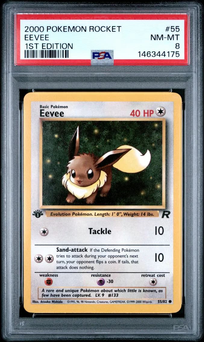 Eevee 1st Edition, Rocket, PSA 8