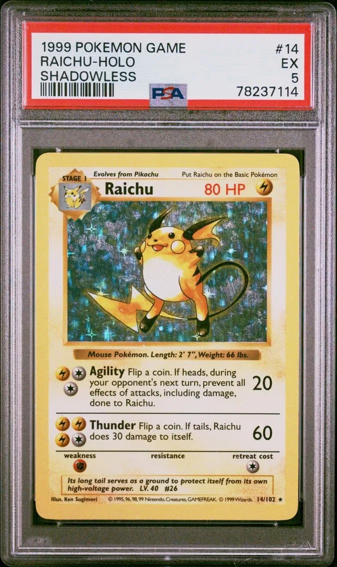 Raichu-Holo Shadowless, Game, PSA 5