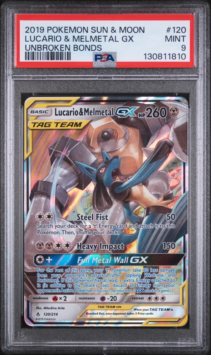 Lucario & Melmetal GX, Sun & Moon Unbroken Bonds, PSA 9