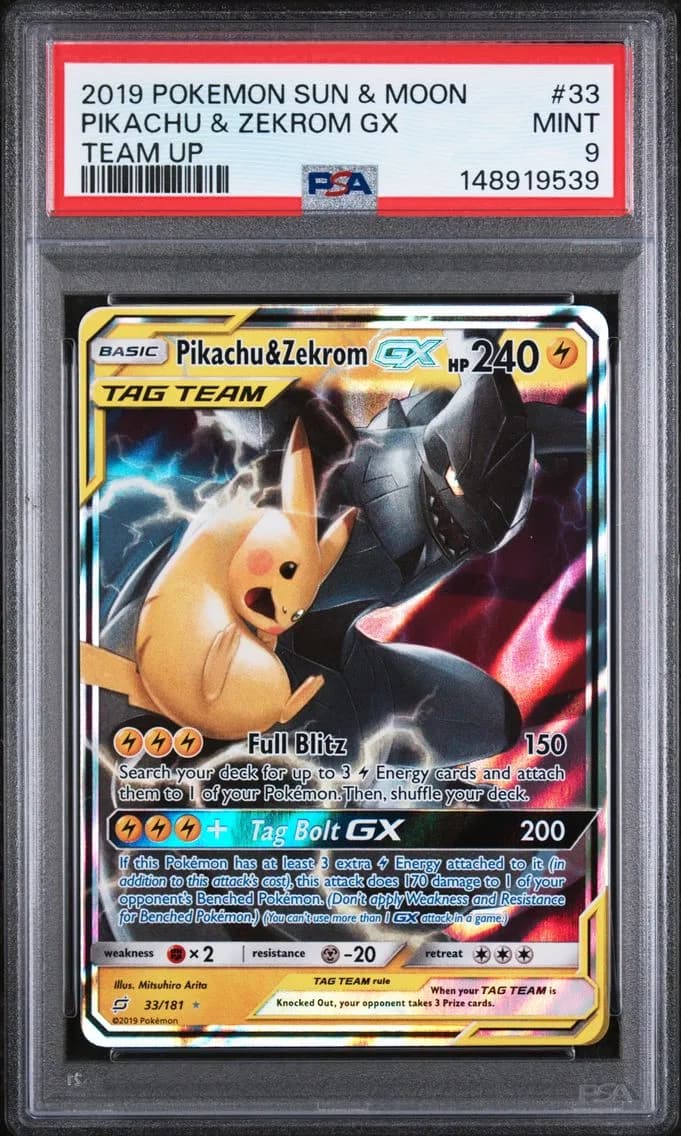 Pikachu & Zekrom GX, Sun & Moon Team Up, PSA 9
