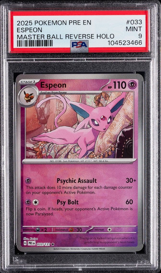 Espeon Master Ball Reverse Holo, Prismatic Evolutions, PSA 9