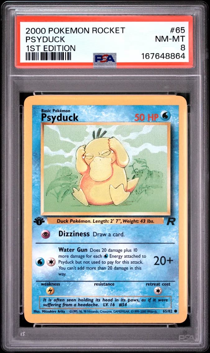 Psyduck 1st Edition, Rocket, PSA 8
