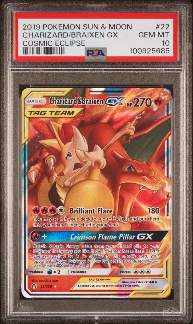 Charizard & Braixen GX, Sun & Moon Cosmic Eclipse, PSA 10