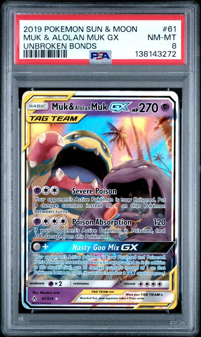 Muk & Alolan Muk GX, Sun & Moon Unbroken Bonds, PSA 8