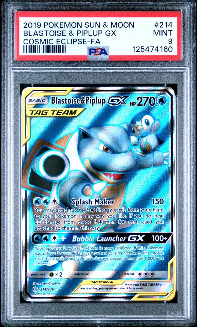 Blastoise & Piplup GX, Sun & Moon Cosmic Eclipse, PSA 9